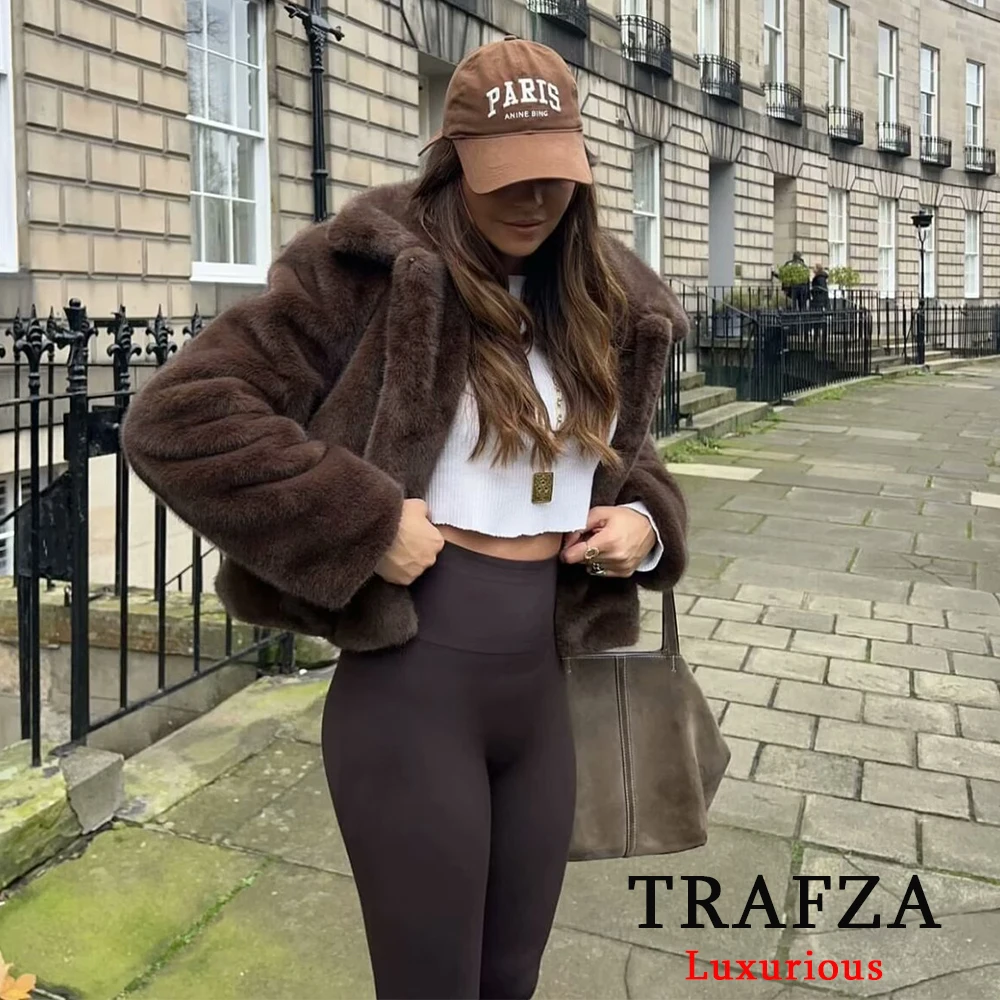 TRAFZA Vintage casual fausse fourrure vestes femmes à manches longues boutons amples manteaux mode