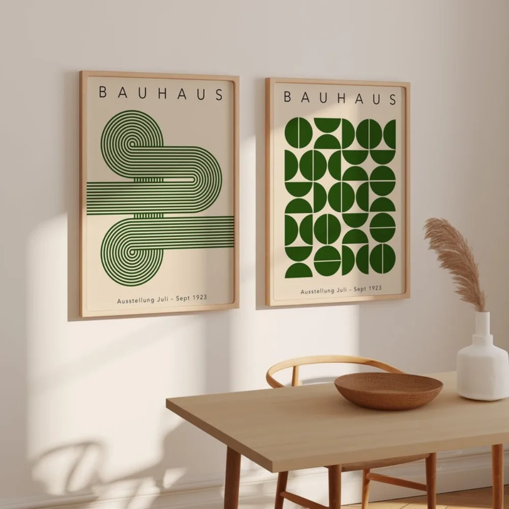 2 قطعة تنزيل رقمي باوهاوس بدون إطار، ملصق باوهاوس هندسي أخضر، قابل للطباعة باوهاوس، مطبوعات باوهاوس الخضراء، منتصف القرن الحديث #3