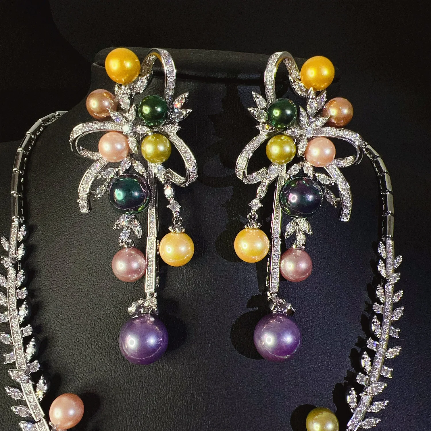Elegant Firework Shaped 2 Pcs Multi-coloured Pearls Charming Jewellery Necklace Earrings Banquet Gift Wedding Women M-672