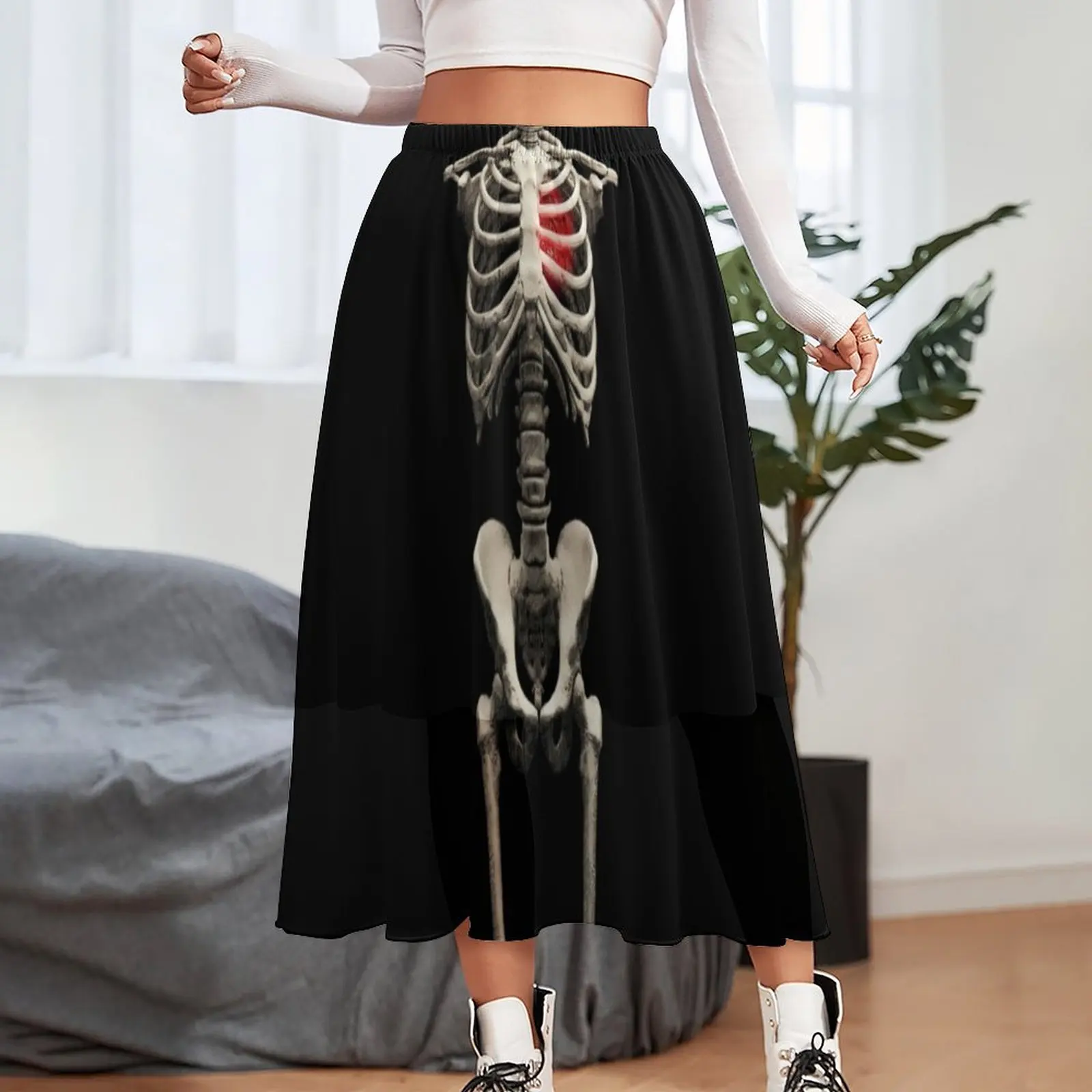 Halloween Bones Chiffon Skirt Skeleton Art Heart Street Fashion Long Skirts Women Beach A-line Skirt Graphic Clothing Gift Idea