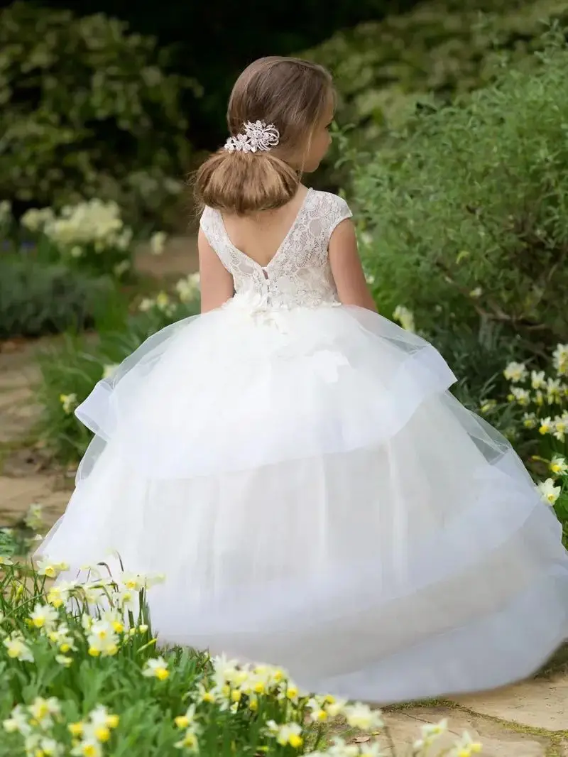 Geschichtetes Blumenmädchenkleid, elegantes Tüllkleid mit Edelstein-Pailletten, langen Ärmeln, flauschig, Prinzessinnenkleid, Kindergeburtstagsgeschenk, Ballkleid, Erstkommunionkleid – Detail 1