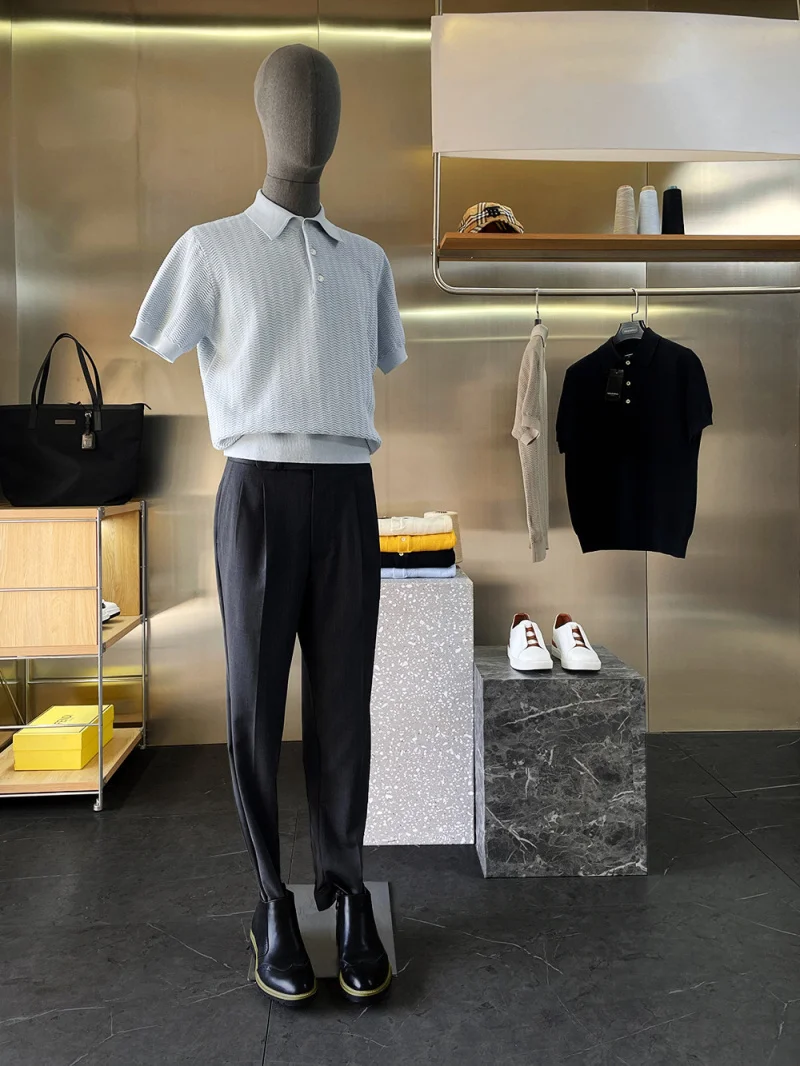 

Italian Luxury Lightweight Combed Cotton 6 Needle Wave Texture Men's ort Sve irt Casual Collar High End T-irt