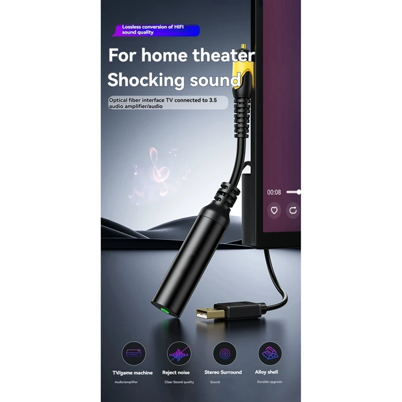 USB Digital Fiber Optical Audio Cable Square Port SPDIF To 3.5Mm Audio Converter For Connection To Audio Amplifier