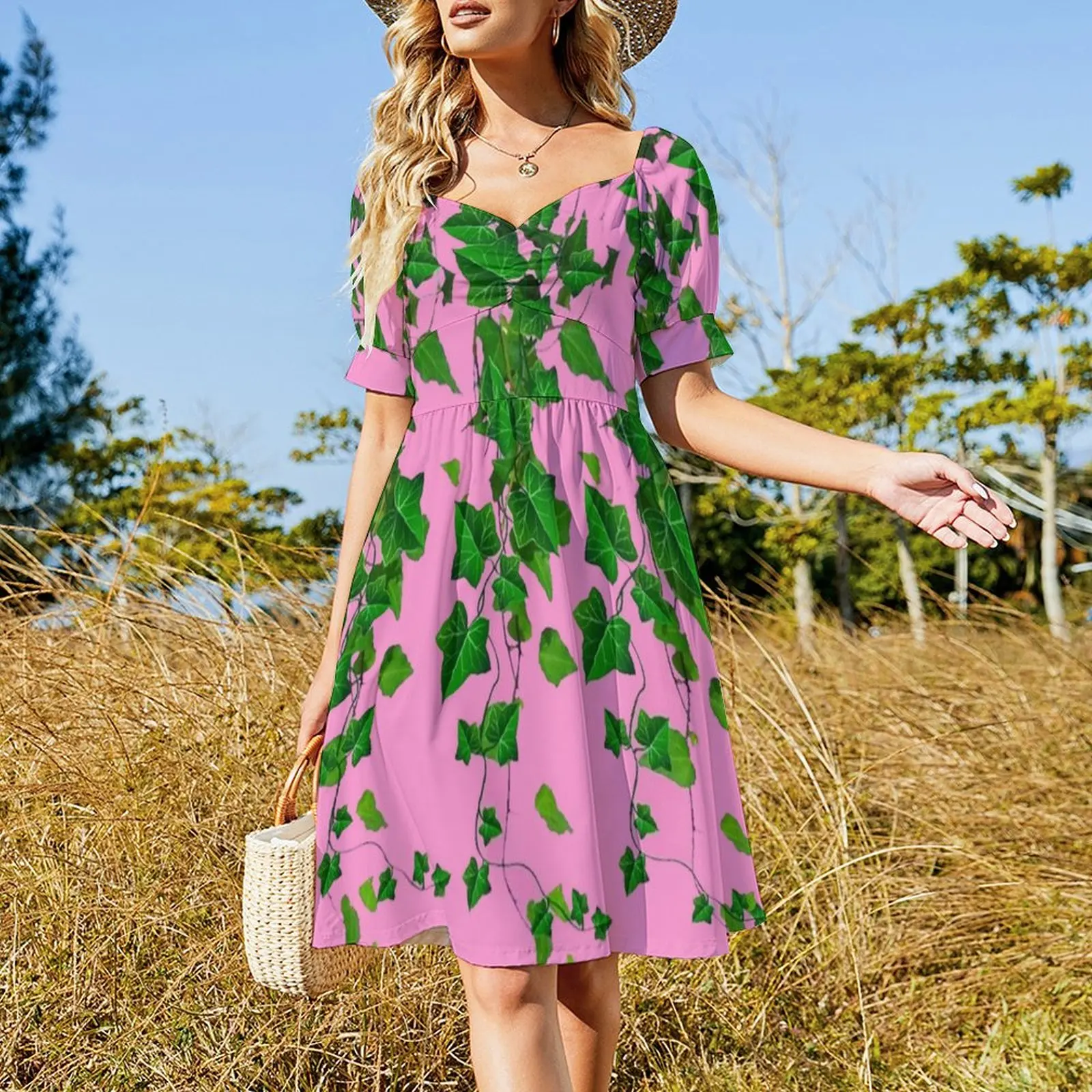 GREEN IVY HANGING LEAVES VINES PINK ART Short Sleeved Dress birthday dresses for women dresses for women 2025 Dress