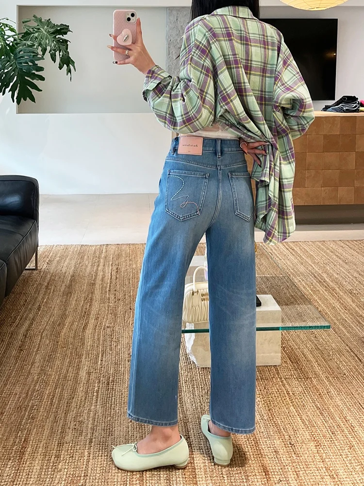 

Джинсы с высокой талией, прямые, эластичные, женские, широкие брюки, светло-голубые, для повседневной носки, из хлопкового стрейч-денима, мягкие и удобные