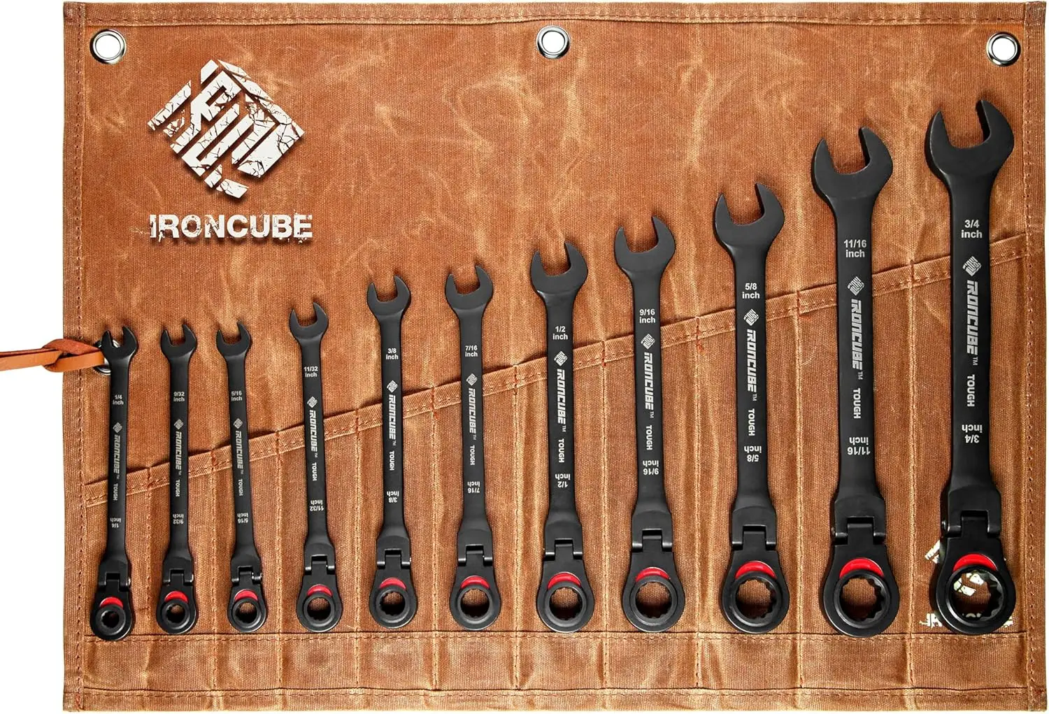

Black Ratcheting Combination Wrench Set: 11-Piece SAE 1/4–3/4 Inch – 180° Flex Head & 72-Tooth – CR-V Steel – Retro Waxed Canvas
