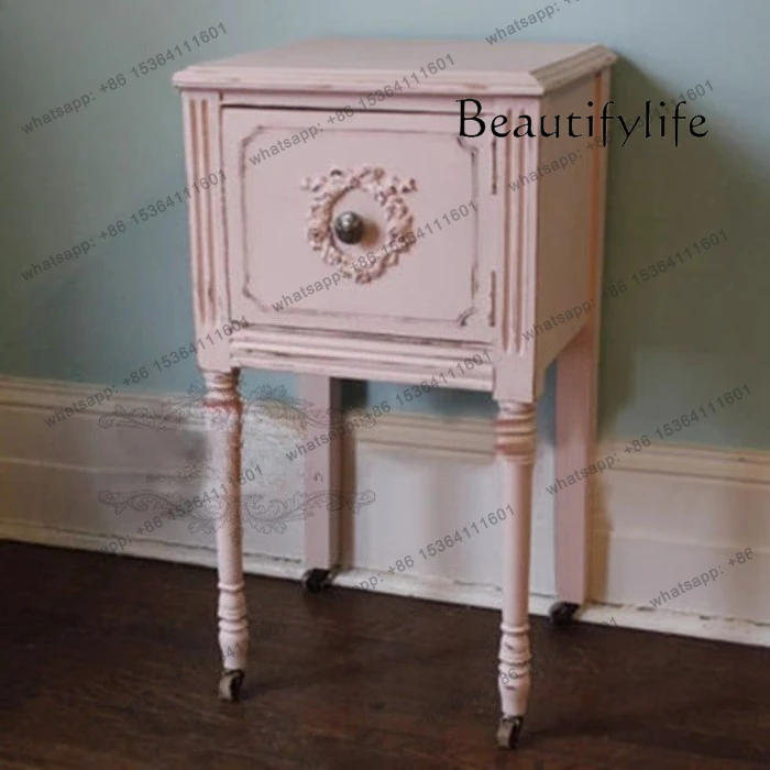 

European style solid wood old bedside table French classic chic retro bedroom storage fashion