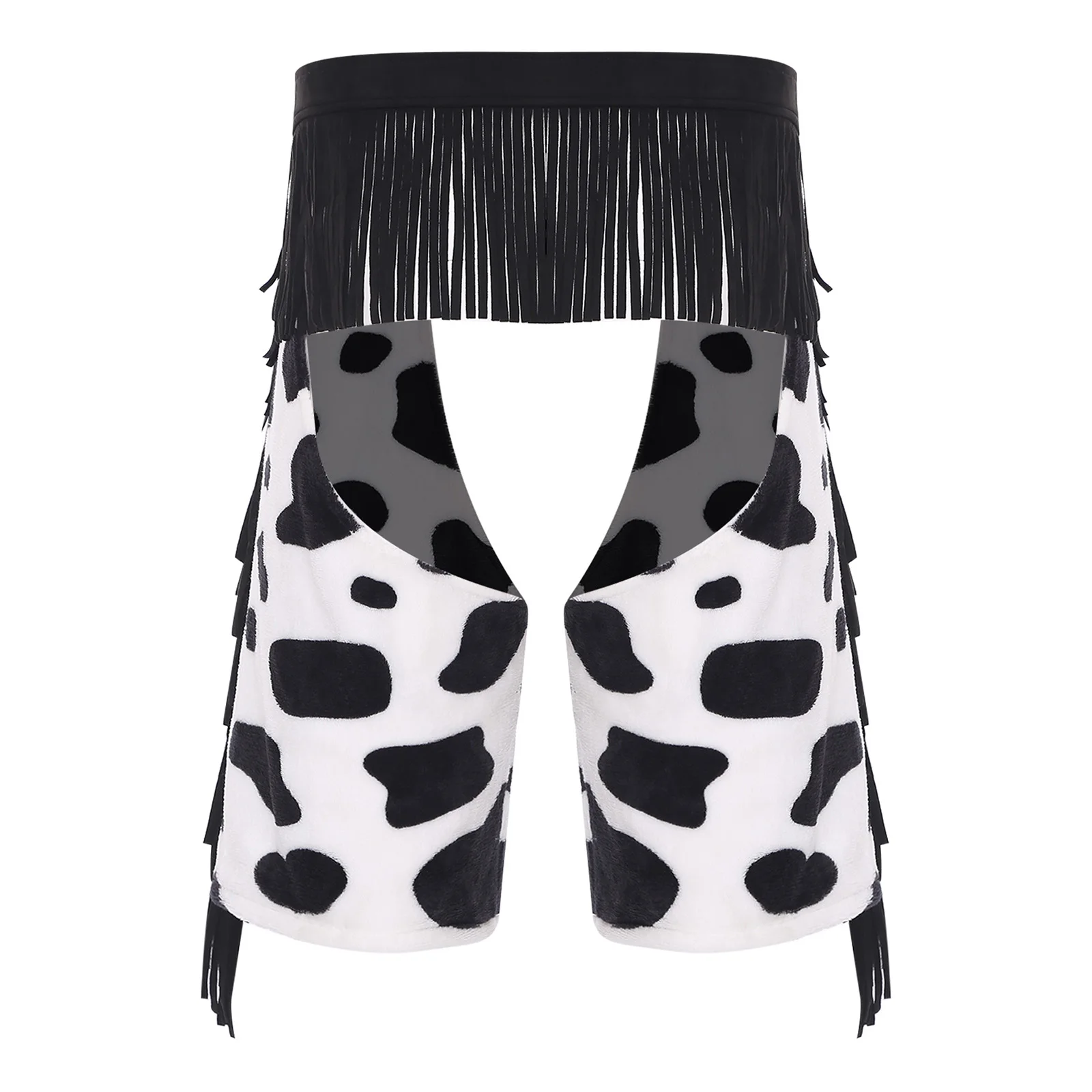 Mens Vintage Cowboy Chaps Cowgirls Cosplay Costume Cow Spot Tassel Fringe Print Flannel Pants Crotchless Shorts for Club Party view 3