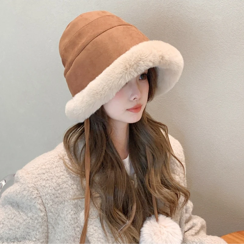 

Plush Fisherman's Women's Autumn Winter New Cute Hairball Basin Hat Thickened Warm Ear Protection Simple Pashmina Mongolia Cute