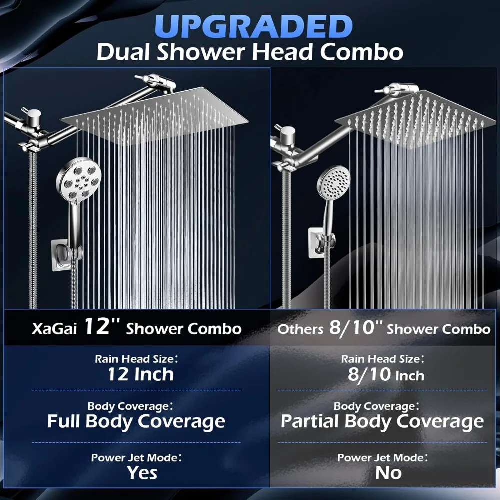 Modern 12-Inch Rain Shower Head with Handheld Spray, 11-Inch Extension Arm, 6 Settings, Anti-Leak, Built-in Power Wash