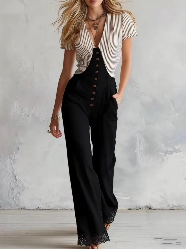 Retro Jumpsuit Women Sexy Slim Fit Stripe Print Short Sleeve Deep V-Neck Versatile Casual Wear Summer Fashion Pants 2026