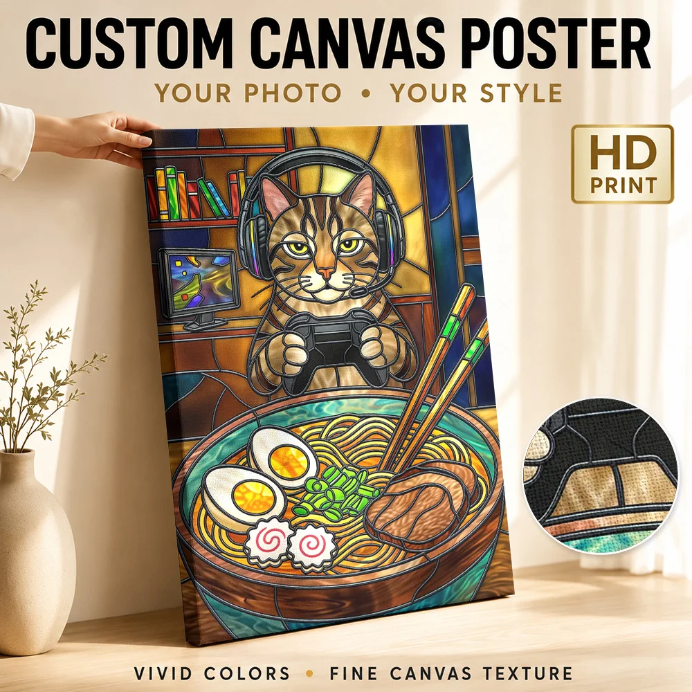 Gamer Cat Enjoying Ramen Framed Canvas Poster Customized Photo Funny Animal Wall Art for Kids Room Bedroom Decor Ready to Hang