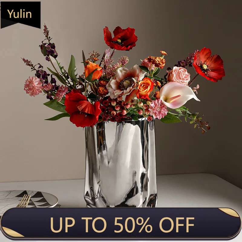 Silver Plated Ceramic Vase Desk Decoration Creative Pleated Vases Decorative Flowers Pots Flower Arrangement Modern Home Decor