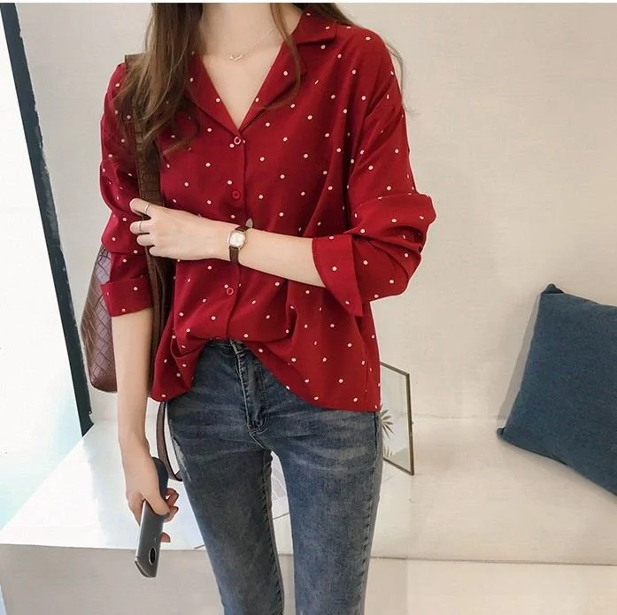 

Winter Autumn Women's Long Sve Ne Blouse T-irt Ladies Commute Sle Clothing round Dot Pattern Regular Length