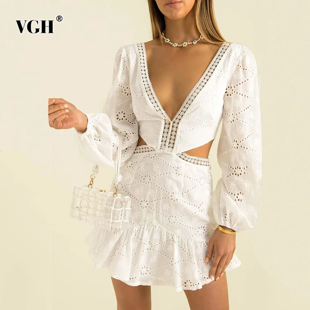 

VGH Sexy Solid Slimming Hollow Out Dresses For Women Deep V Neck Long Sleeveless High Waist Elegant Dress Female Fashion Style