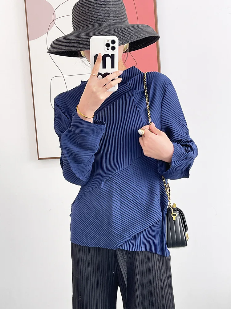 Miyake Pleated Long Sleeve Tops Spring Summer New Korean Fashion Designer Niche Women Loose Irregular Elegant Matching T-shirt