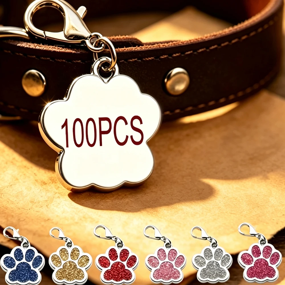 100Pcs Glitter Paw Pet ID Tag Metal Dog Cat Collar Name Tag with Lobster Clasp  Pet Identification Tag Pendant Pet Accessory