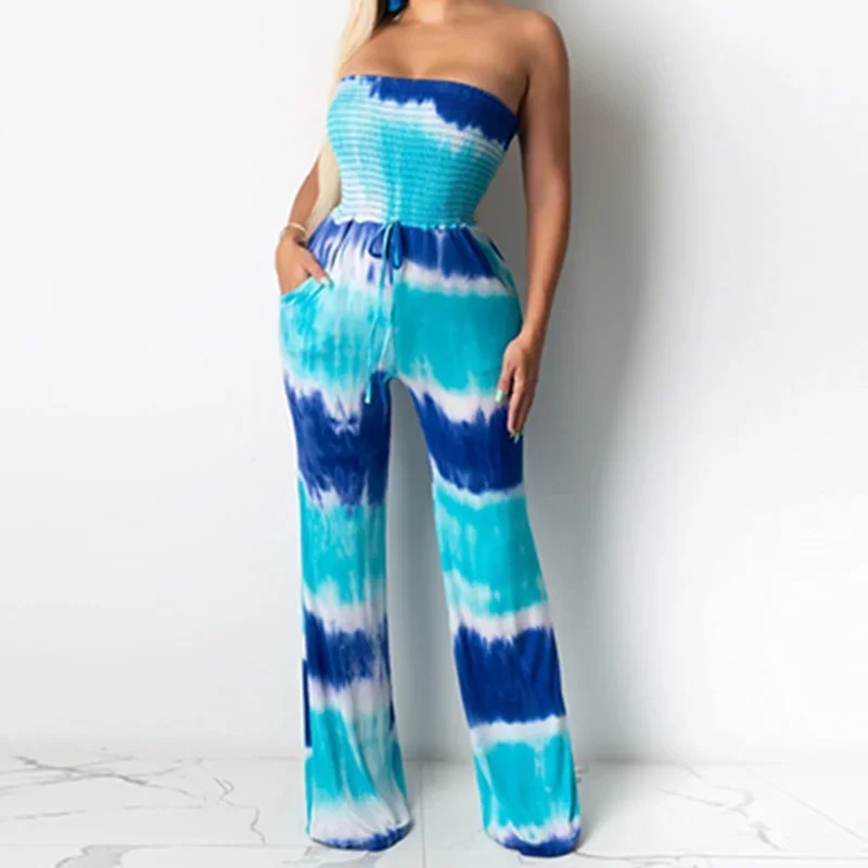 2024 Women Tie Dye Printed Strapless Wide Leg Jumpsuit Blue Sexy Halter Tube Top Wide Leg Siamese Pants with Mask Set Bohemian