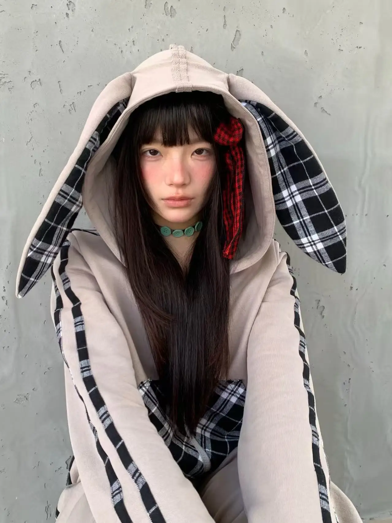 Gray Plaid Patchwork Tracksuit Long Sleeve Cropped Hoodie High Waist Long Pants Casual Set Rabbit Ear Hooded Sweatshirt