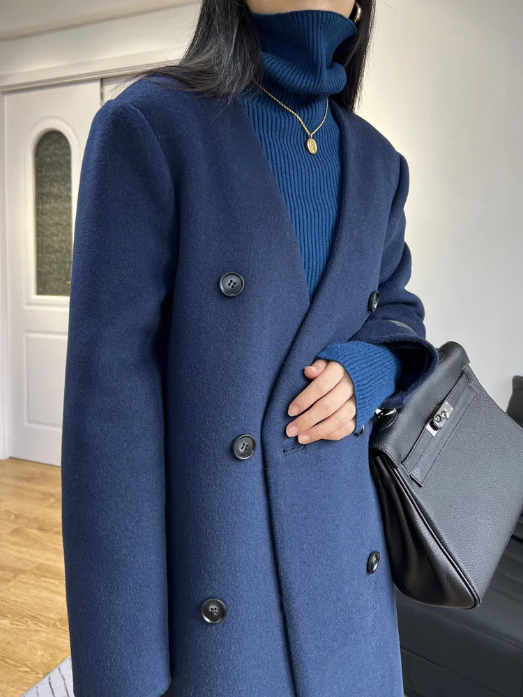 

Hand-sewed Women Double-sided V-neck 100% Wool Coat new Temperament Double-breasted Long Woolen Coat Warm Female Autumn Winter