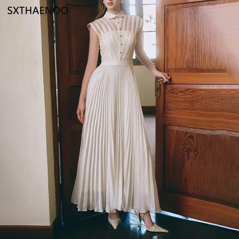 SXTHAENOO, vestido plisado con tiras empalmadas a la moda para mujer, vestidos elegantes de malla de retales de cintura alta sin mangas con solapa, novedad de verano 2025