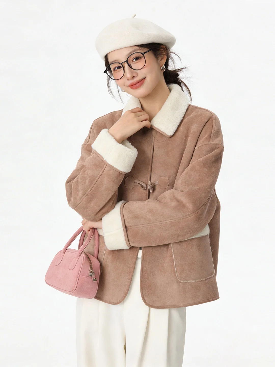 

Корейская теплая куртка из овечьей шерсти и оленьей кожи, розовая, на пуговицах, свободного кроя, молодежная, стройнящая, универсальная, зимняя верхняя одежда для повседневной носки