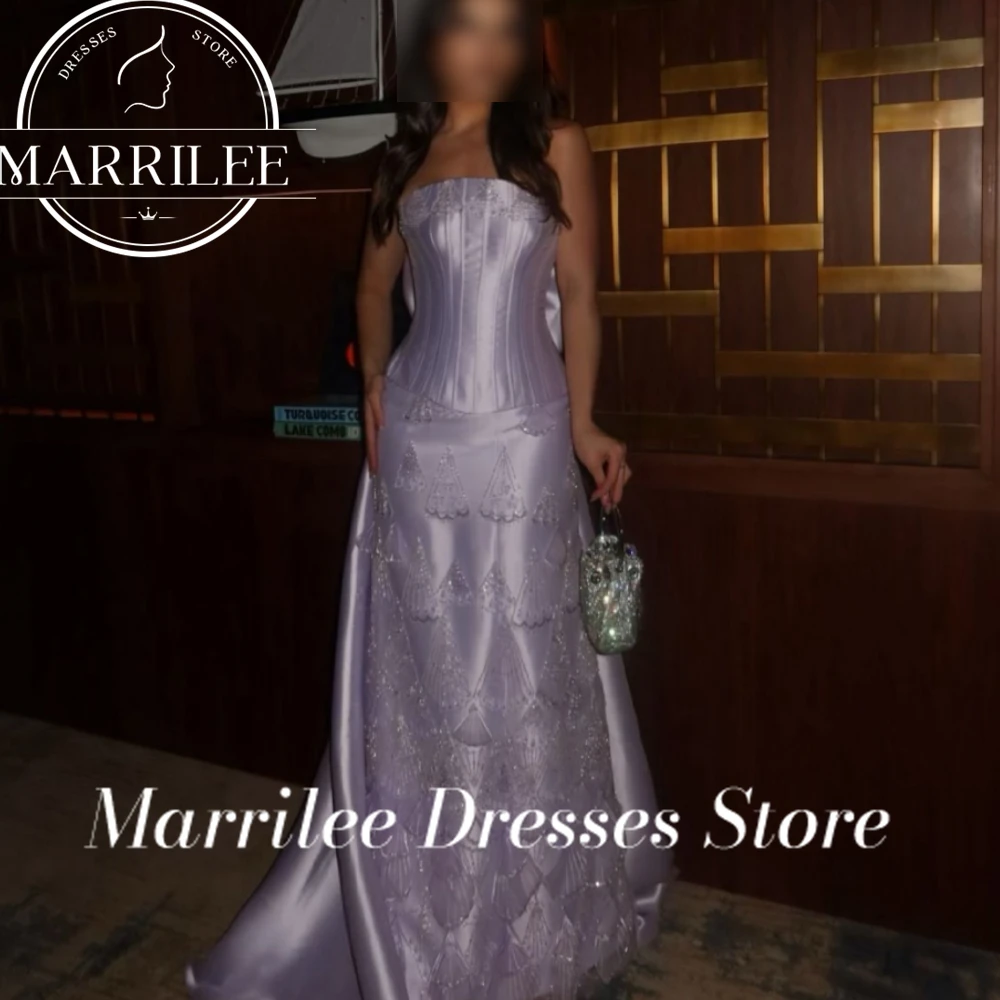 Marrilee Boat Neck Panel Train Satin Solid Color Appliques Sequined Bow Floor Length Bespoke Occasion Gowns High Quality A-Line