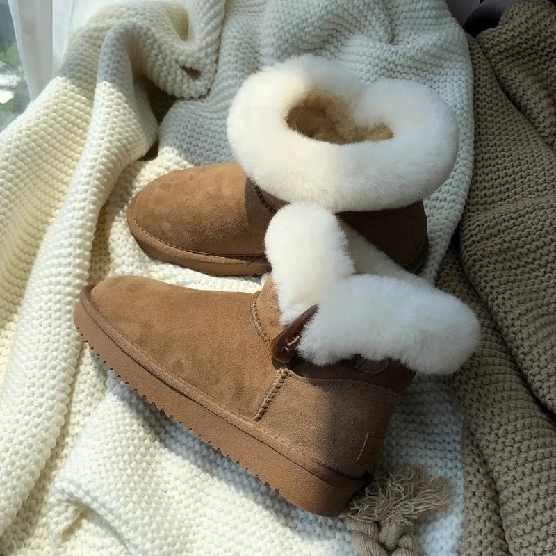 

Fashion Button Hot Sale 100% Natural Fur Snow Boots Genuine Sheepskin Leather Winter Boots Warm Wool Women Boots Ankle Boots