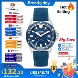 Tophill 39.5mm Automatic NH34 GMT Watch Swim 3H Date Window Mechanical C3 Green Lume 100M Waterproof Sapphire Crystal TD011G