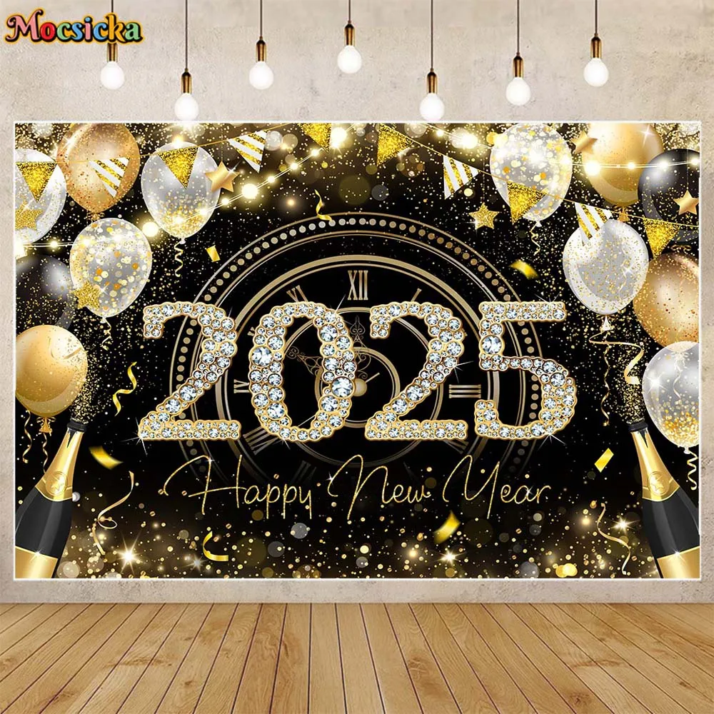 

Mocsicka Happy New Year Backdrop Golden Glitter Balloon Champagne 2025 New Year Eve Party Decor Family Portrait Photo Background