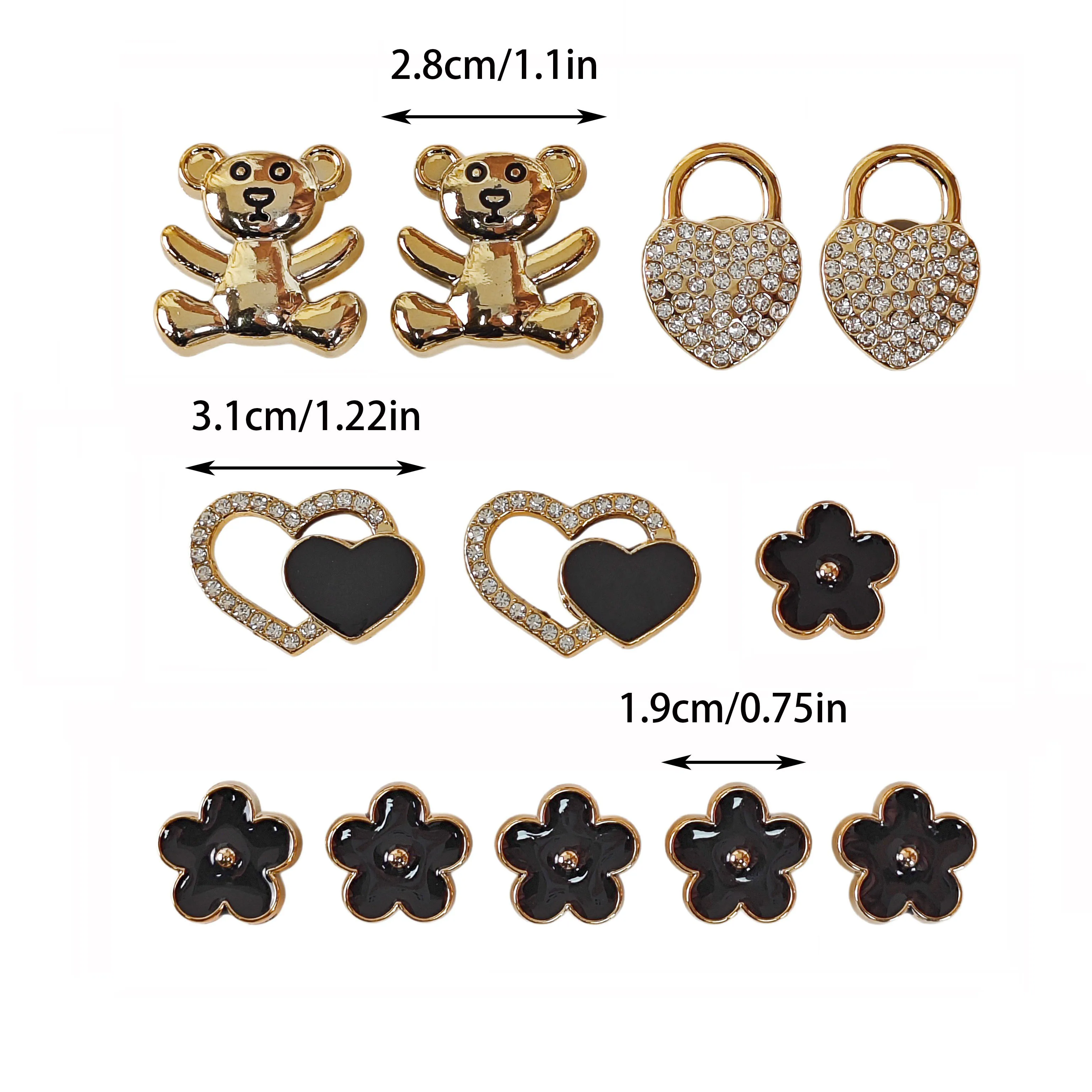 12Pcs DIY Shoe Decoration Charms Shiny Bear, Heart, Black Flower Decorative Buckles Non-Metallic Lightweight Material Y2K Fashion Versatile Cute Personality Style for Men and Women Suitable for Eva Beach Shoes, Sandals, Removable Shoe Decoration, Holiday Gift