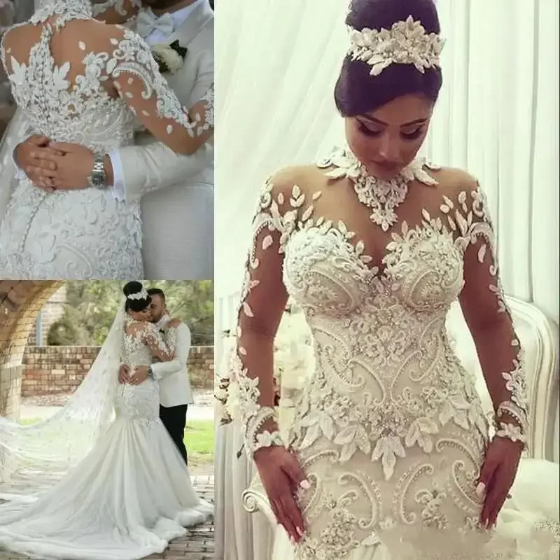 Vestidos de novia de sirena con diamantes de imitación personalizados, vestidos de novia africanos de manga larga transparentes hechos a medida, Apliques de encaje, chaleco de cuello alto