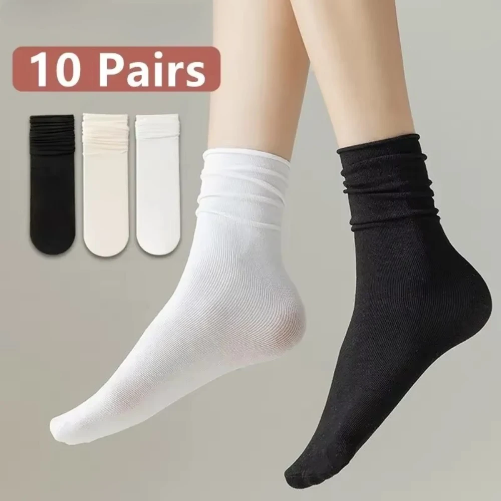 10 Pairs Medium Tube Socks – Solid Color Stacked Women’s Casual Socks, Breathable & Comfortable Kawaii Design