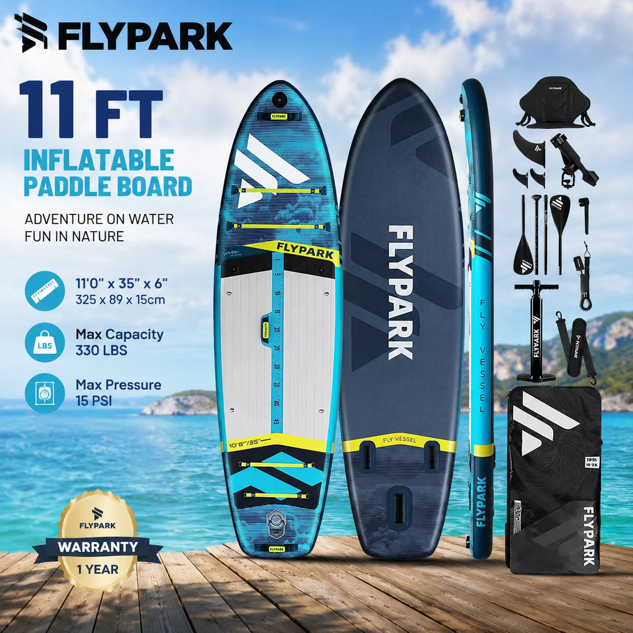 Planche à pagaie gonflable SUP Ocean Explorer Style, planche aquatique d'extérieur de 11 pieds (325 * 89 * 15 cm) avec design ultra large, idéale pour les voyages en famille, le yoga aquatique, le fitness, la pêche et les lacs. Livré avec un ensemble complet d'accessoires, y compris des sièges et des pédales.