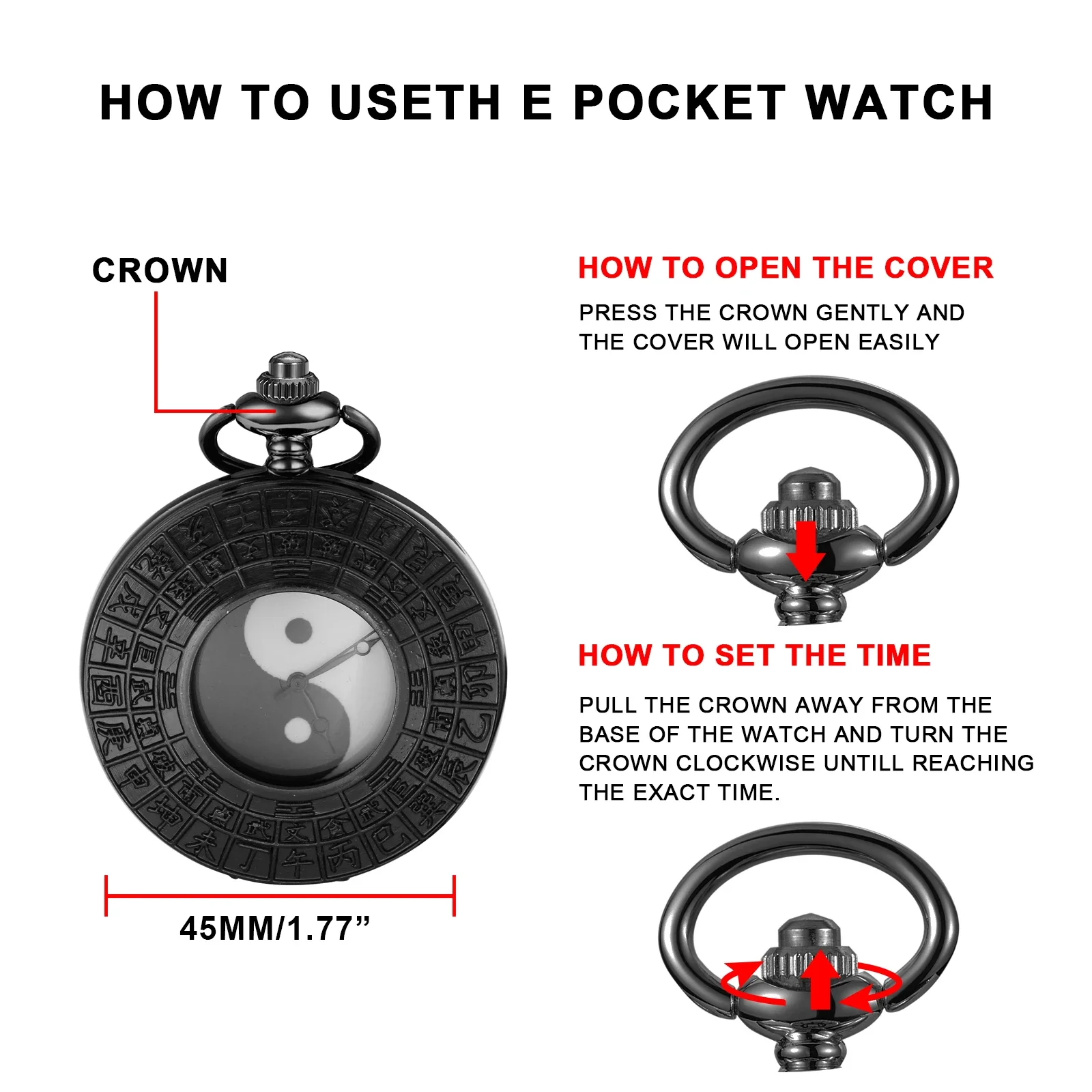 Vintage Chinese Kung Fu Tai Chi Ying and Yang Badge Quartz Pocket Watch Necklace Clock Steampunk Men's Women's Festival Gifts