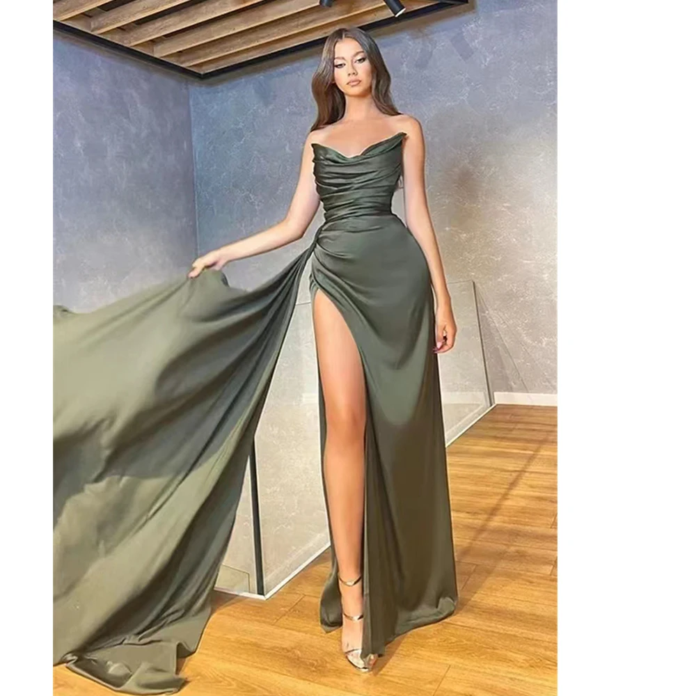 

Angelsbridep Strapless Satin Mermaid Evening Dresses Split Pleat Prom Dresses Dubai Celebrity Dresses Pageant Gowns for Women