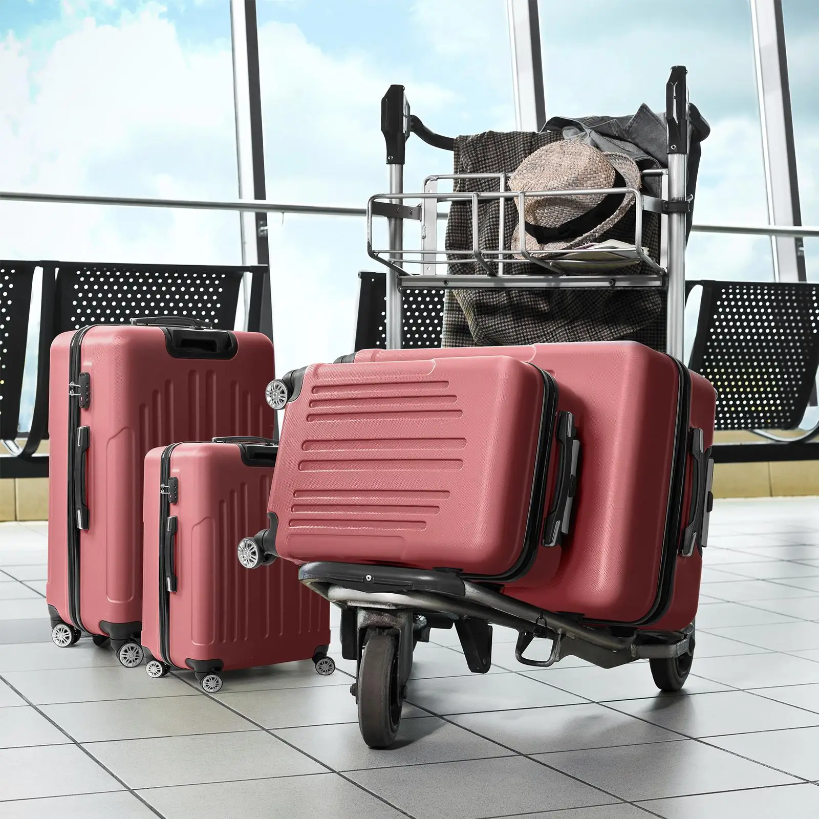 4-in-1 Curved Vertical Stripe Trolley Case - Retro Red Stylish Travel Luggage