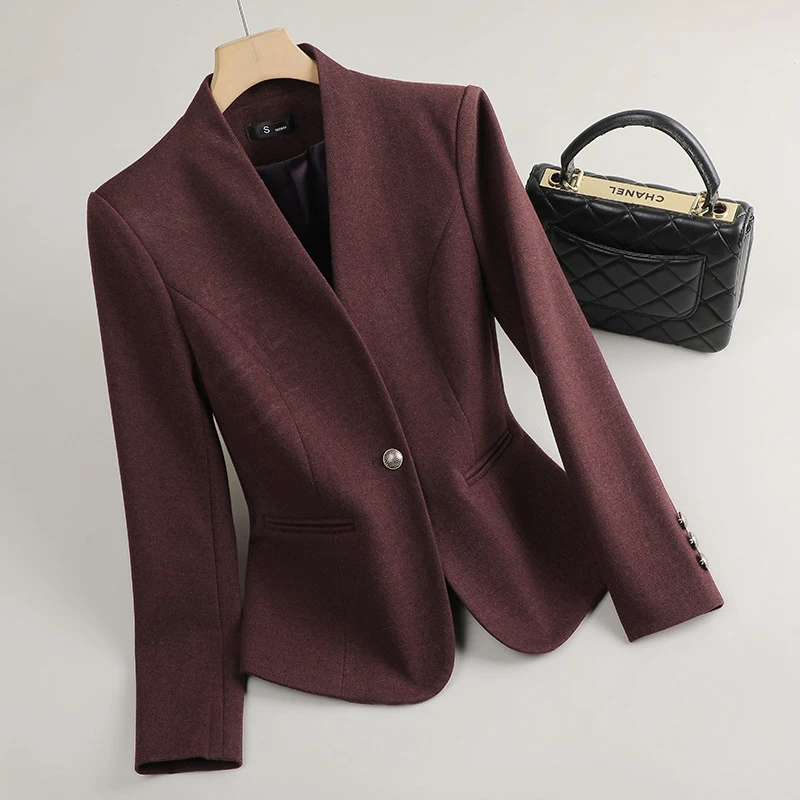 

Purple-red collarless blazer for petite women, suitable for spring and autumn2025New high-end slim-fit casual blazer