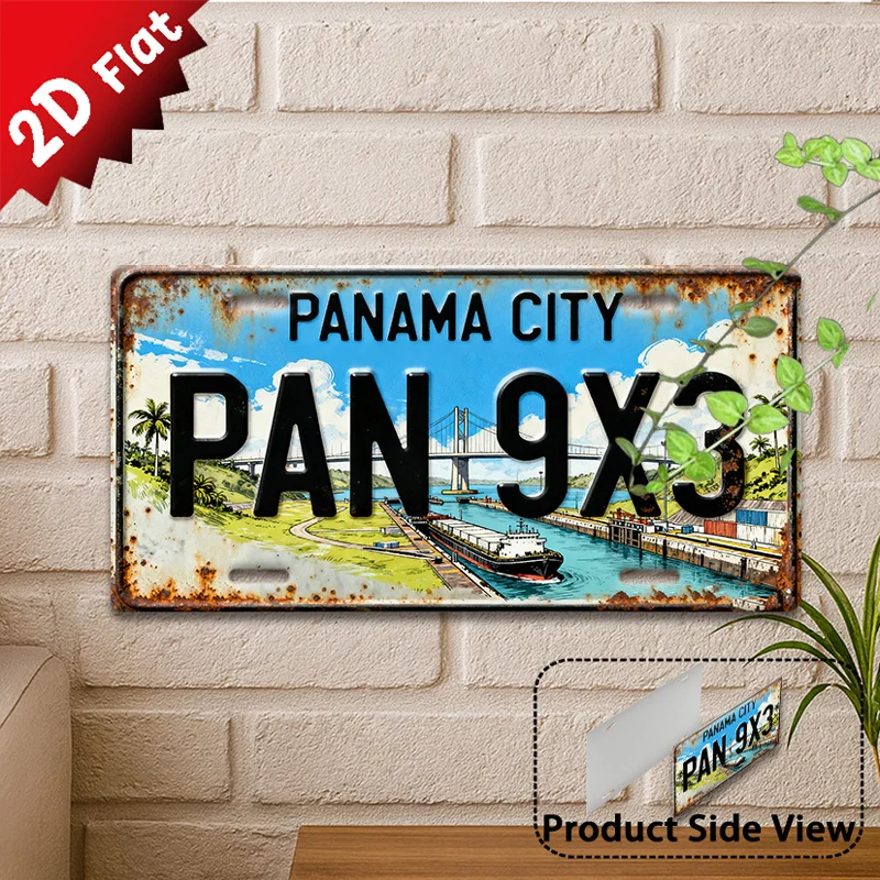 2D Flat,1pc Vintage Metal Sign, Decorative Only, Outdoor Plaque & Wall Decor PAN 9X3 Metal Sign with Panama City Landmark
