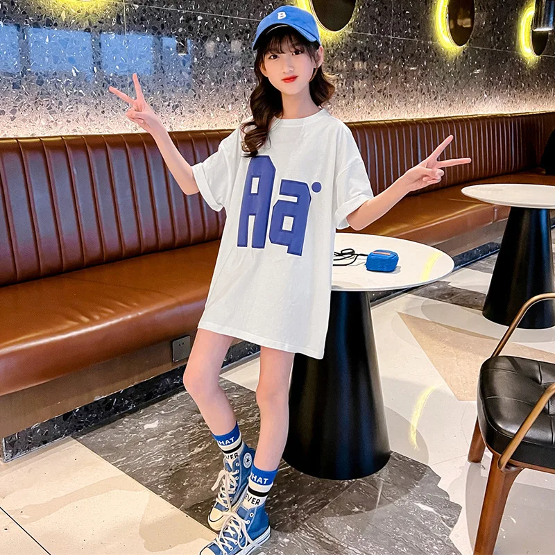 

2023 summer Girls clothes letter long T-shirt Dresses Baby Bottom Casual teenager Kids kids Dress 3 4 6 7 8 9 10 11 12 15 years