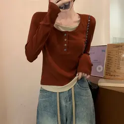 Fashion Contrasting Colors T-shirt Spring Autumn Fake Two Pieces Female Clothing Long Sleeve Patchwork Button Slim Pullovers New
