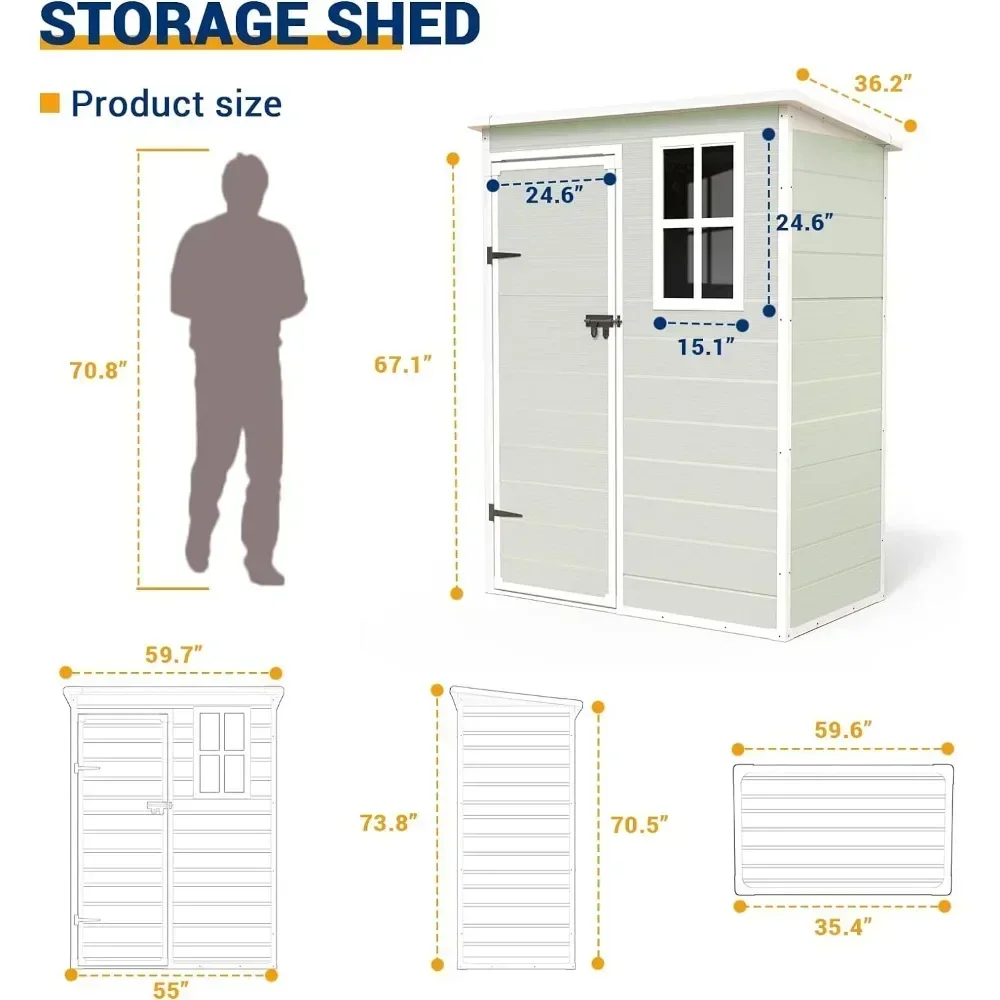 Outdoor Storage Shed 5x3 FT, Resin Garden Shed for Bike, Garbage Can, Tool, Plastic Outside Sheds Box