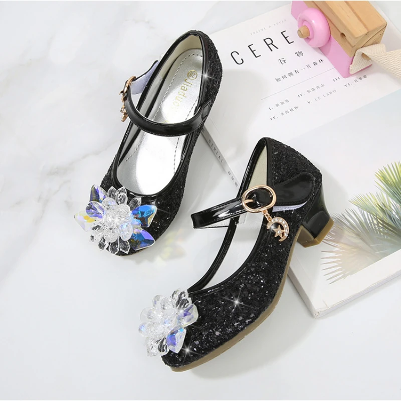 Girls Princess Leather Shoes Crystal Kids Sequins High Heel Shoes Fashion Luxury Rhinestone Children\'s Glitter Dance Dress Shoes