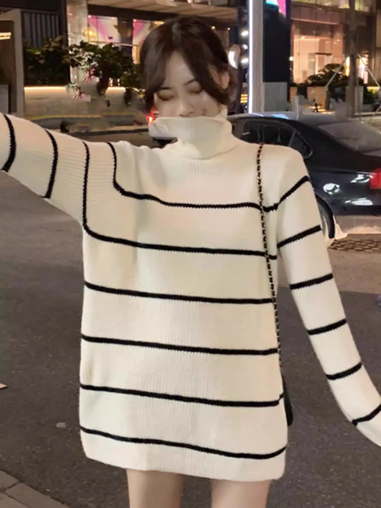 

Autumn Winter High Collar Striped Knitwear Women's Medium Length Sweater Butt Covering Lazy Sle Faionable Commute Wear