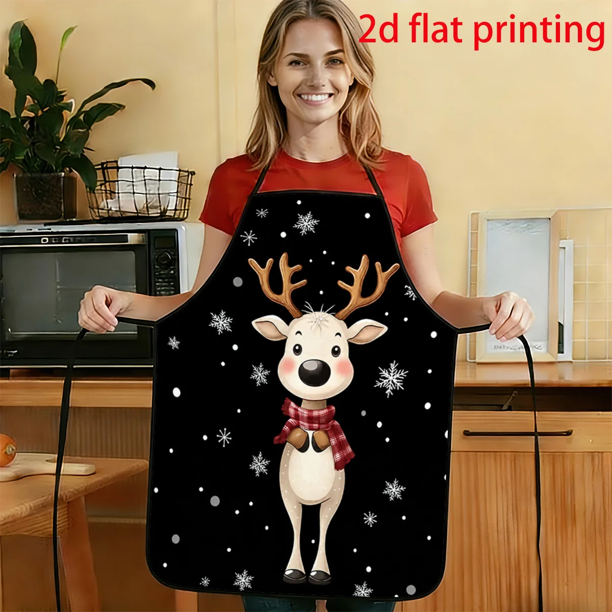 1pc 2D Flat Cute Cartoon Scarf Reindeer Snowflake Pattern Printed Apron Durable And Easy To Clean Adjustable Waistband .6Inch