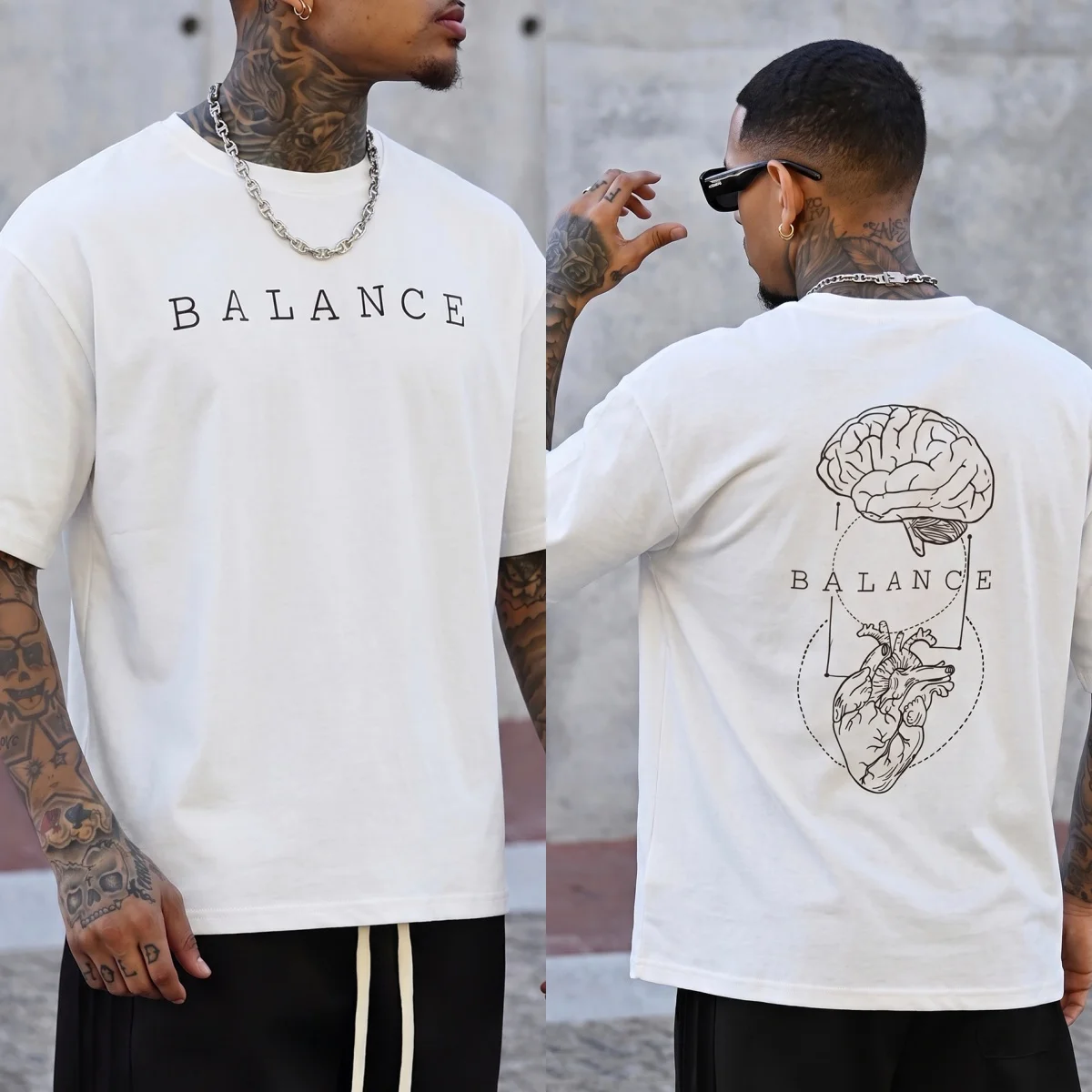 2026 New Balance Letter Brain Heart Sketch Oversized T Shirt for Men Hip Hop Graphic Tee