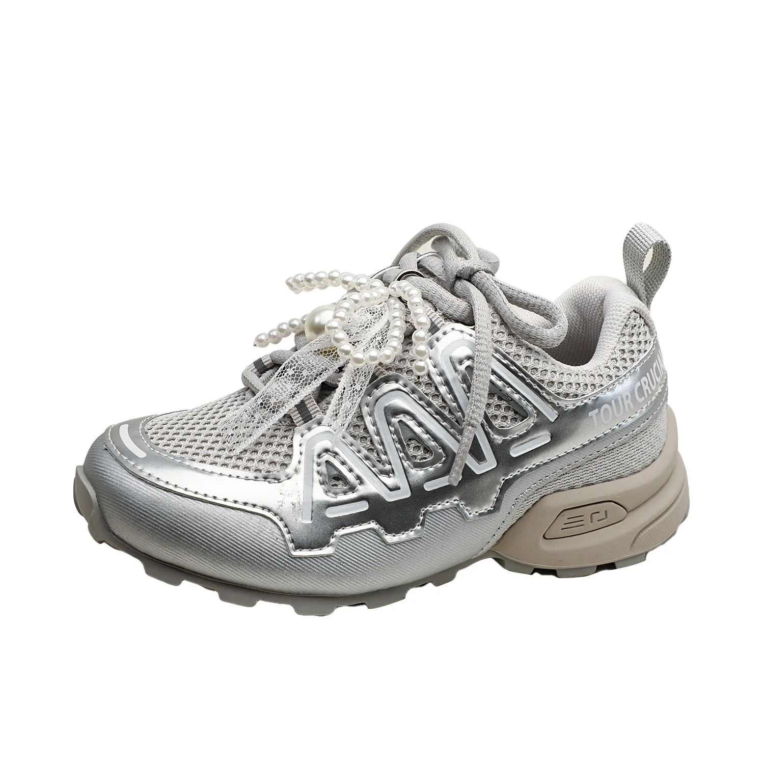 

Осенняя новая детская модная дышащая спортивная обувь с жемчужным бантом и сеткой для девочек, детская нескользящая повседневная обувь для бега для студентов и малышей