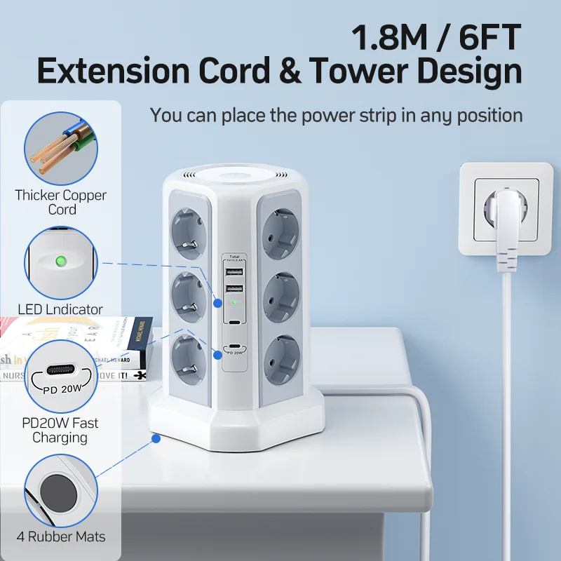 Multi-Socket Surge Protector, 4000 W, 16 A, z 2 portami USB A i 2 portami USB C, przedłużacz 1,8 m, szary model z lampką nocną