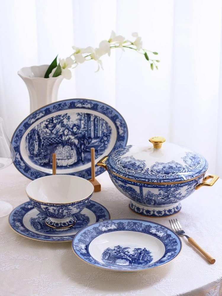 

Vintage palace style blue and white gold and bone porcelain exquisite tableware, figures, coffee cups, afternoon tea cups, plate