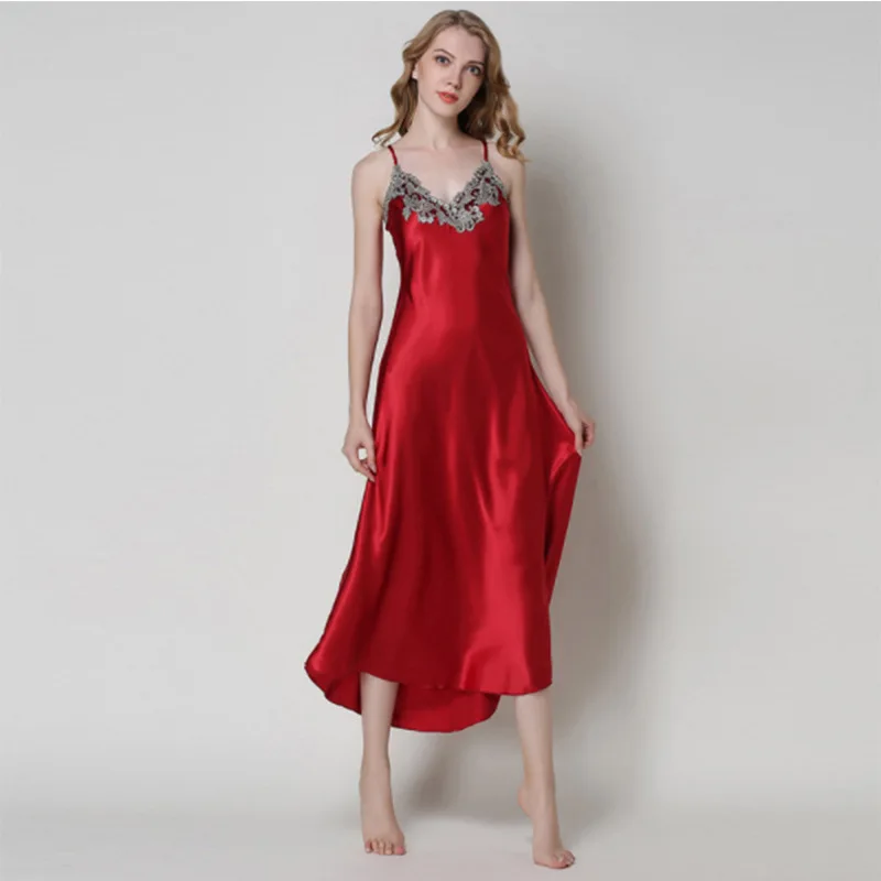 Simulated Silk Women Sleepwear Long Lace Sexy V-neck Silky Charming Night Robe Casual Sleepwear Suspender Home Wear